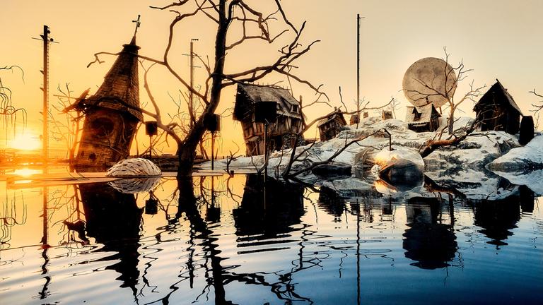 "Von der Seebühne Bregenz: "Der Freischütz": Das Bühnenbild der Bregenzer Seebühne zeigt eine surreale Szene auf: Es ist eine künstliche Winterlandschaft mit schneebedeckten Hügeln und halb verfallenen Holzhäusern, die windschief stehen. Karge, kahle Bäume ragen in den Himmel. Die Bühne ist von einem großen Wasserbecken umgeben.