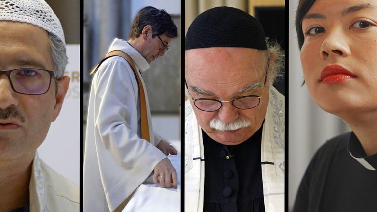 "Religion - Konflikt oder Frieden?": Eine Collage von vier Menschen unterschiedlicher Konfession. Auf der einen Seite schaut eine asiatische Frau in die Kamera. Sie hat kurze Haare und trägt ein den Kollar eines Priesters. Daneben blickt ein älter Herrn in der traditionellen Kleidung eines Rabbiners nach unten. Neben ihm steht ein Priester in einer Soutane am Altar. Auf der anderen Seite schaut ein Imam mit Kippa und Brille in die Kamera. Sein Gesicht ist nur halb zu sehen.