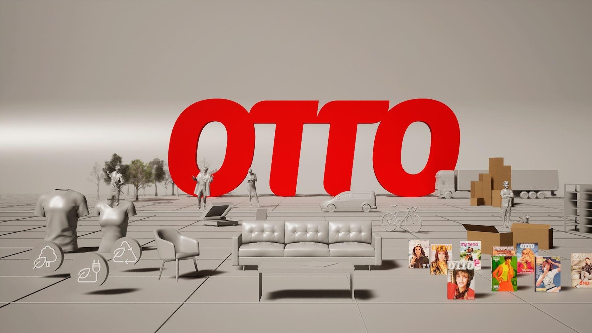 "Die Otto-Story - Vom Versandhaus zum deutschen Amazon": Grafik mit rotem Otto-Schriftzug auf grauem Untergrund. Diverse stilisierte Gegenstände wie Couch, Tisch, Katalog, Van und Fahrrad sind in der Grafik verteilt.