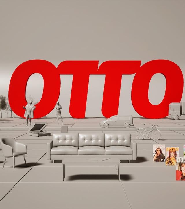 "Die Otto-Story - Vom Versandhaus zum deutschen Amazon": Grafik mit rotem Otto-Schriftzug auf grauem Untergrund. Diverse stilisierte Gegenstände wie Couch, Tisch, Katalog, Van und Fahrrad sind in der Grafik verteilt.
