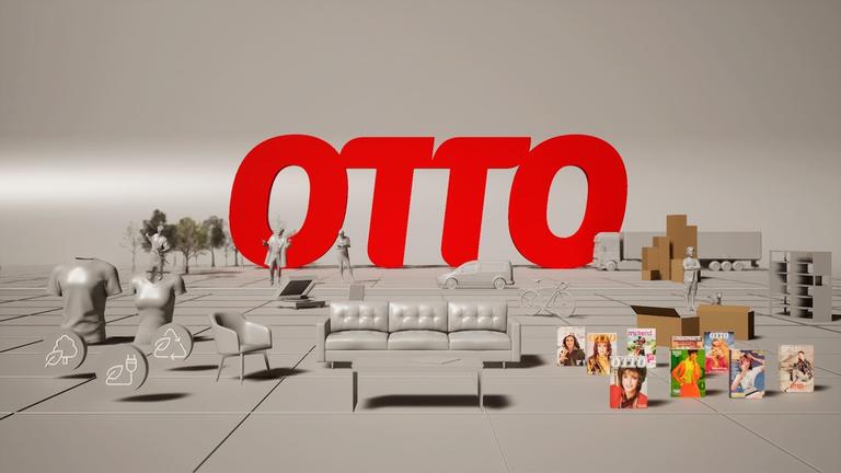 "Die Otto-Story - Vom Versandhaus zum deutschen Amazon": Grafik mit rotem Otto-Schriftzug auf grauem Untergrund. Diverse stilisierte Gegenstände wie Couch, Tisch, Katalog, Van und Fahrrad sind in der Grafik verteilt.