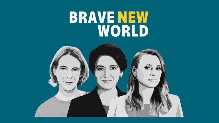 Das Cover des Podcastes mit dem Titel „Brave New World“, darauf zu sehen die drei Hosts des Podcasts von links nach rechts: Katrin Eigendorf, Golineh Atai und Jagoda Marinić