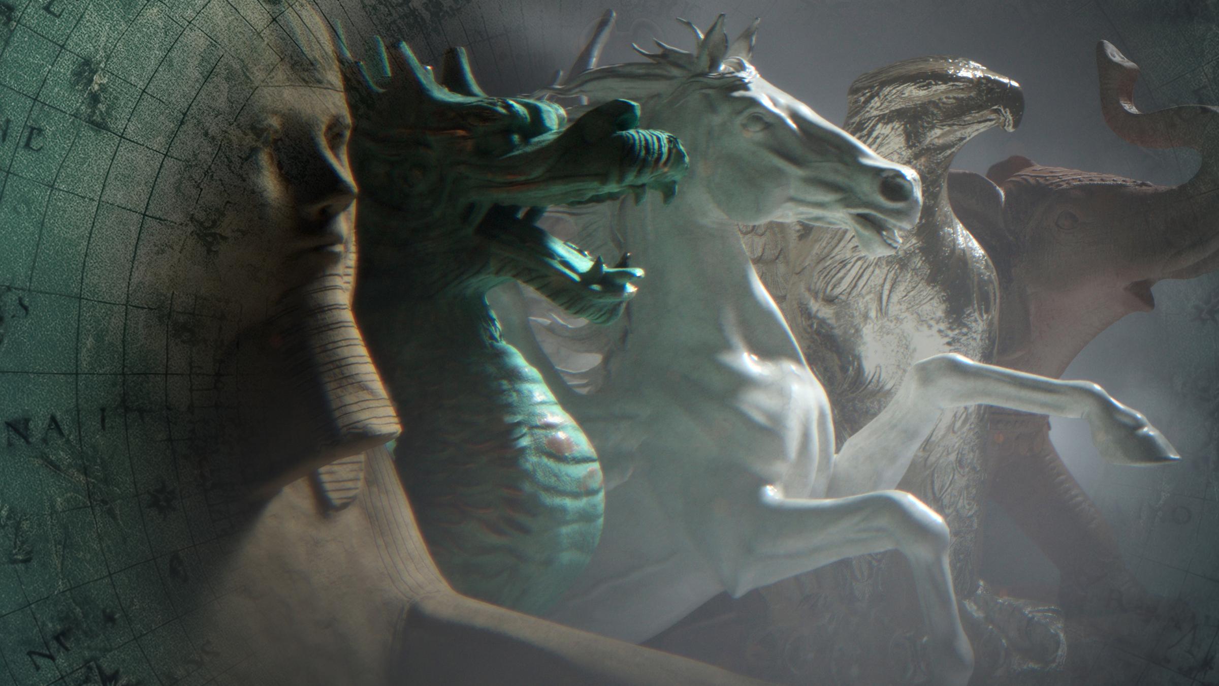 "Aufstieg und Fall großer Völker - Geburt einer Zivilisation": Montage: Fünf ikonische Figuren, Sphinx, Drache, Pferd, Adler und Elefant, stehen vor einem nebligen Hintergrund, daneben ist eine alte Weltkarte angedeutet.
