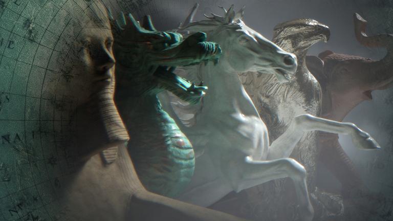 "Aufstieg und Fall großer Völker - Geburt einer Zivilisation": Montage: Fünf ikonische Figuren, Sphinx, Drache, Pferd, Adler und Elefant, stehen vor einem nebligen Hintergrund, daneben ist eine alte Weltkarte angedeutet.