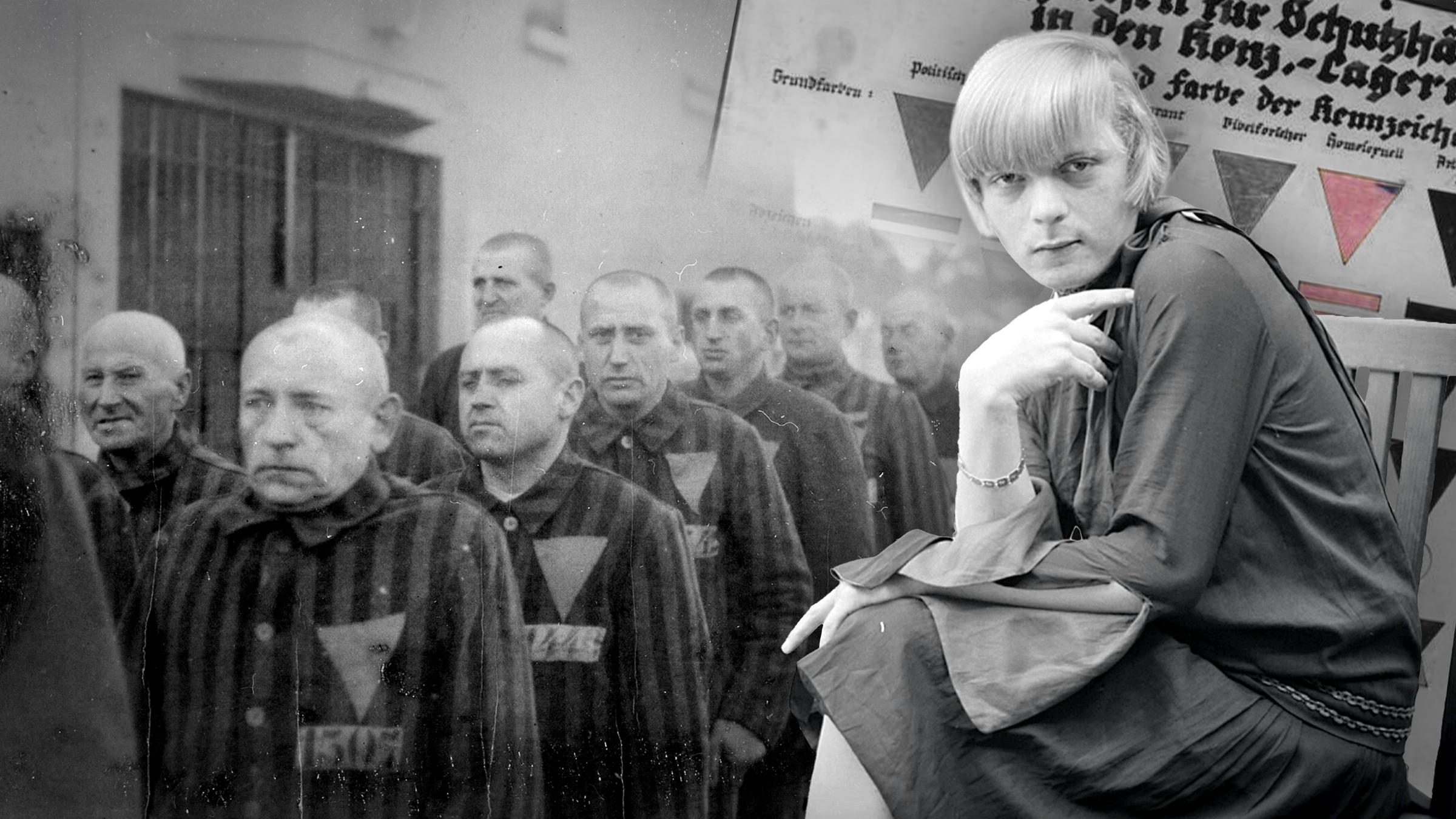 "Verbotene Liebe - Queere Opfer der NS-Diktatur": Transfrau Liddy Bacroff im Vordergrund. Im Hintergrund links Gefangene im Konzentrationslager Sachsenhausen; rechts eine Tafel mit KZ-Kennzeichen.