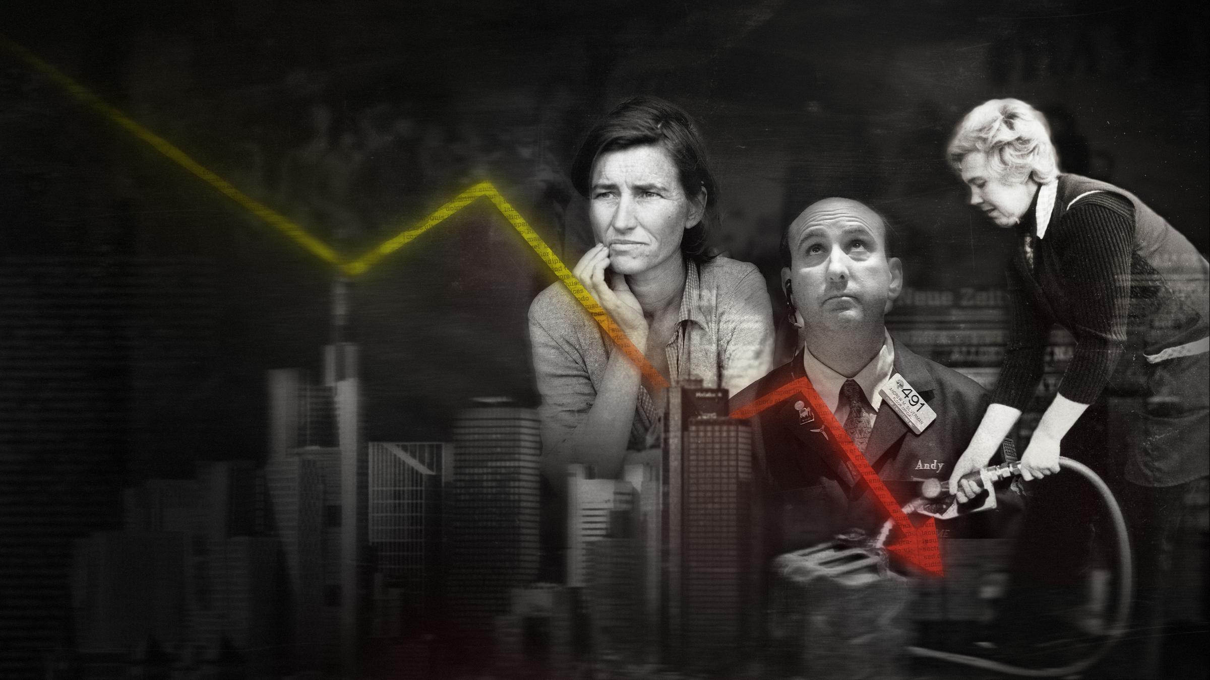 "Die großen Crashs - Weltwirtschaftskrise 1929": Bildercollage aus Schwarz-Weiß-Fotos: Eine Frau schaut bedrückt in die Ferne, ein Mann schaut noch oben und eine Frau befüllt einen Kanister. Darüber liegt ein gezackter, bunter Pfeil, der nach unten zeigt.