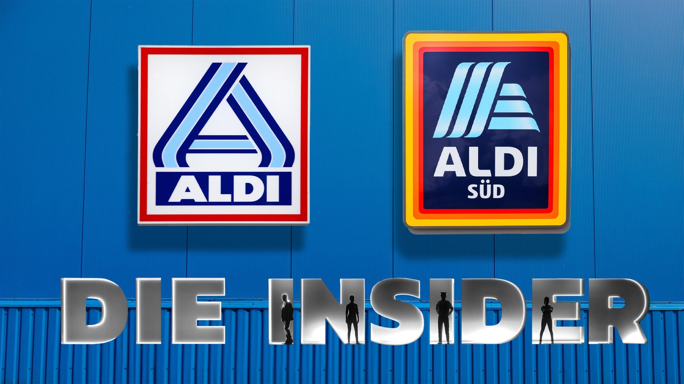 "ALDI: Die Insider": Fotomontage: Die Logos der Discounter ALDI Nord und ALDI SÜD liegen nebeneinander auf einer blauen Fassade. Unter den Logos ist die Titelgrafik "Die Insider" zu sehen.