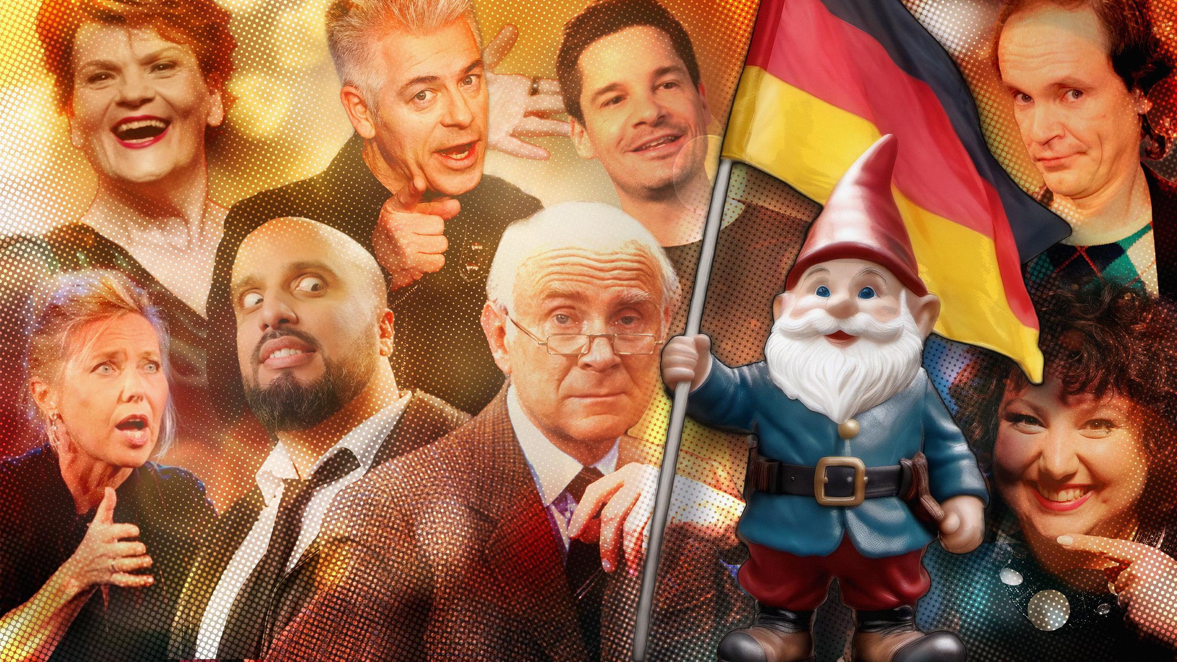 "Die spinnen, die Deutschen! - Comedy von Loriot & Co": In einer Collage vereint gruppieren sich Kabarettistin Simone Solga und die Comedians Abdelkarim, Michael Mittermeier, Alain Frei, Olaf Schubert und Meltem Kaptan um Komiker-Legende Loriot und einen deutschen Gartenzwerg.