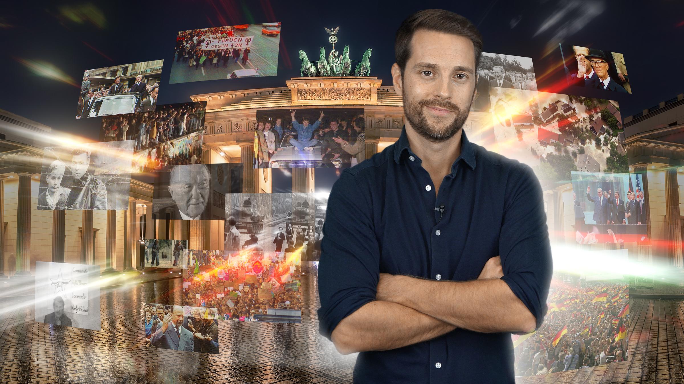 "75 Jahre Deutschland: Der große Test - mit Mirko Drotschmann": Montage: Presenter Mirko Drotschmann steht vor Archivbilden aus 75 Jahren deutscher Geschichte.