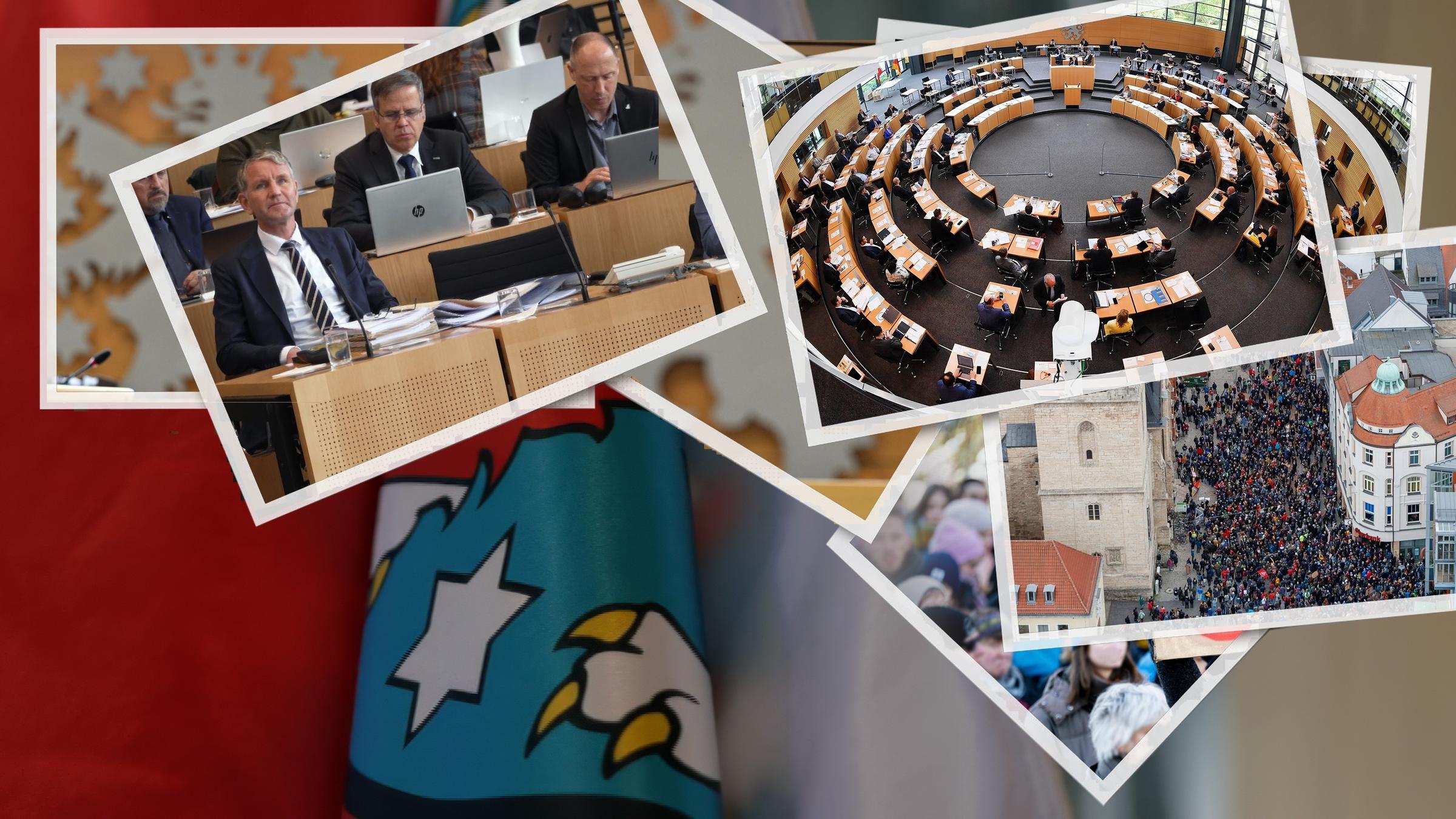 "Testfall Thüringen - Demokratie in Gefahr": Collage mit Fotos aus dem Landtag und von einer Demonstration, im Hintergrund liegt die Flagge des Bundeslandes Thüringen.