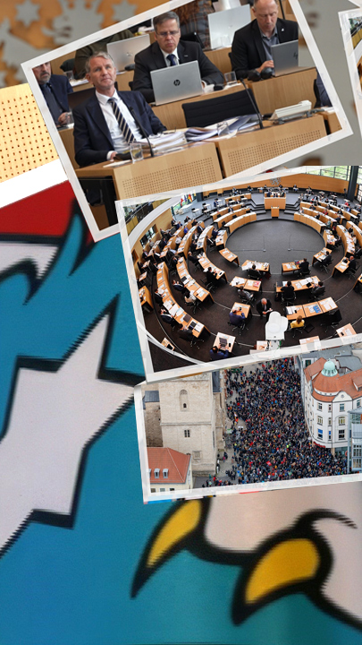 "Testfall Thüringen - Demokratie in Gefahr": Collage mit Fotos aus dem Landtag und von einer Demonstration, im Hintergrund liegt die Flagge des Bundeslandes Thüringen.