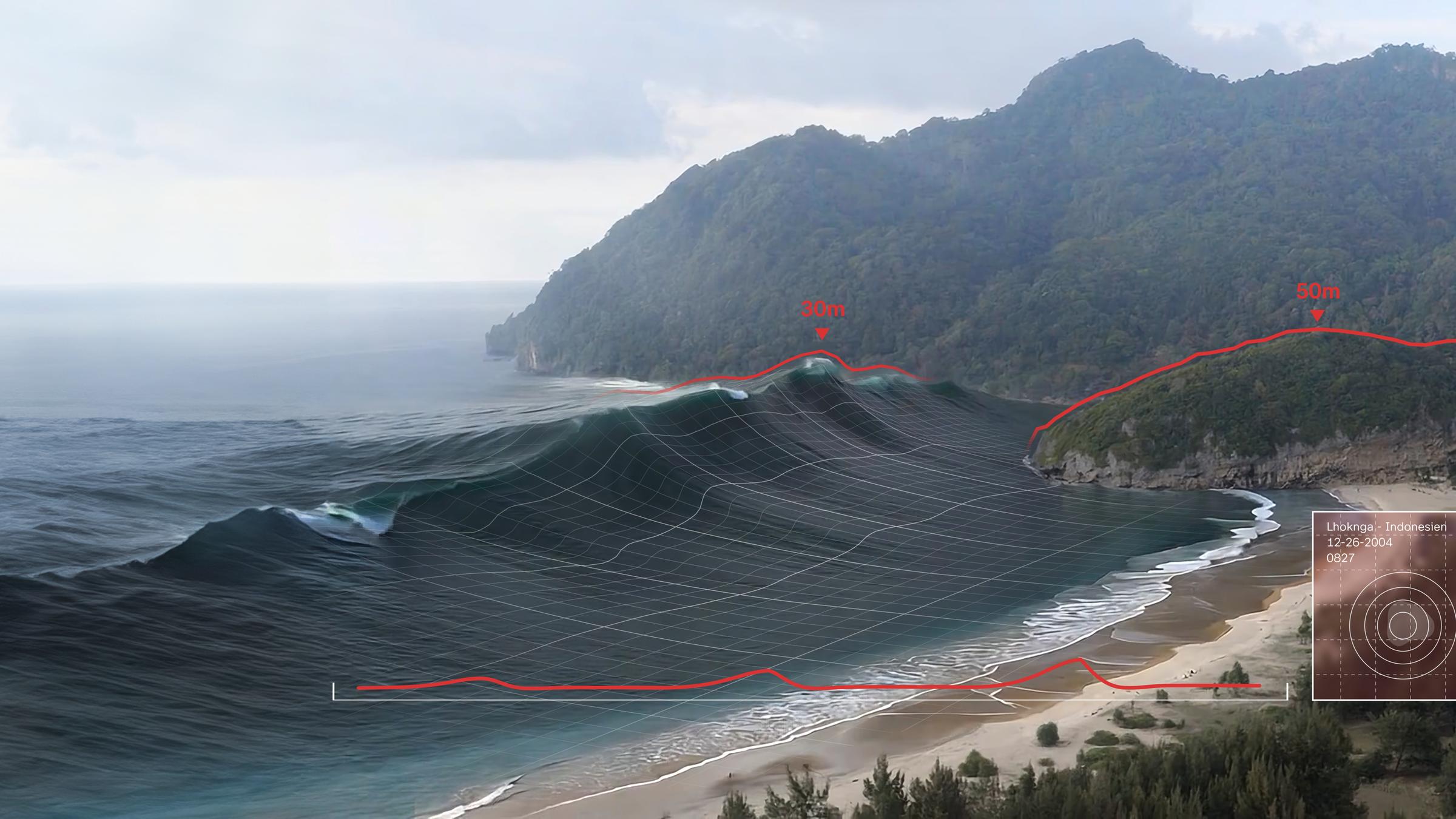 "Überlebt! Tsunami 2004": Computeranimierte Welle an real gedrehtem Strand. Die Animation zeigt die Höhe der Wasserwand am Strand von Lhoknga, Sumatra.
