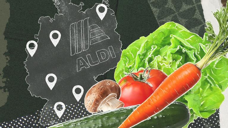 "Greenwashed? - ALDIs Versprechen von Regionalität": Montage: Frisches Gemüse liegt vor einem grafisch gestalteten Hintergrund, auf dem der Umriss einer Deutschlandkarte und das ALDI-Logo abgebildet sind.