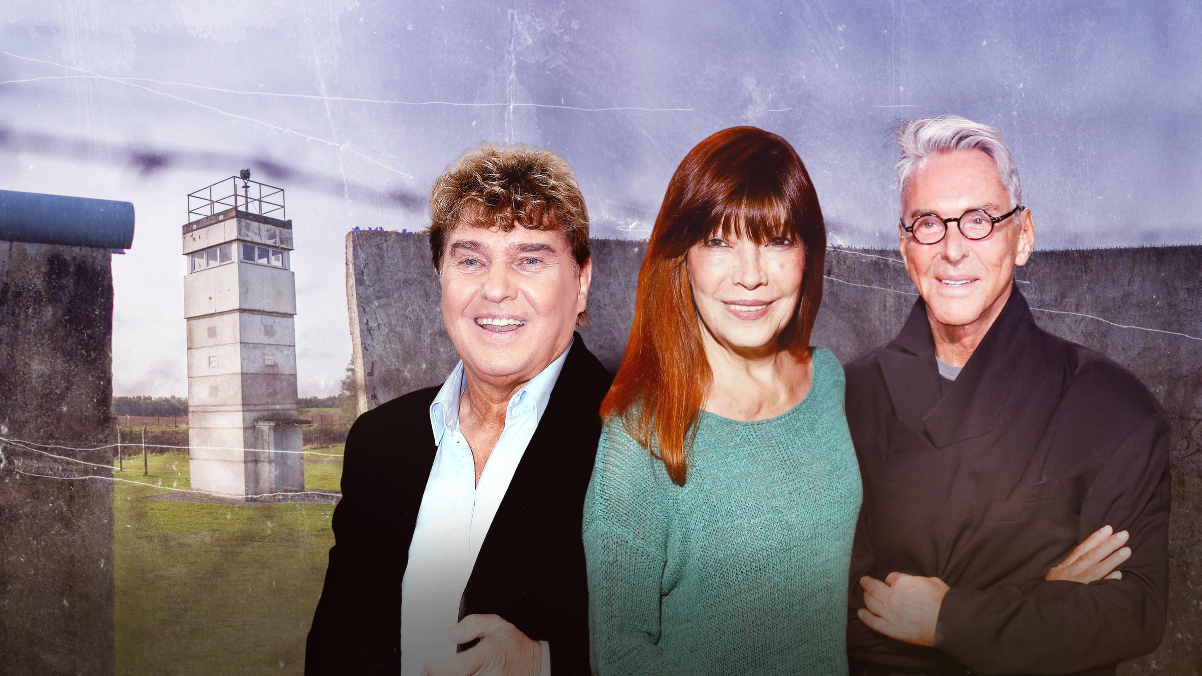 "75 Jahre Deutschland - Wir Grenzgänger": Montage: Im Vordergrund liegen Fotos von Frank Schöbel, Katja Ebstein und Wolfgang Joop, dahinter das Symbolbild eines der innerdeutschen Mauer mit einem Wachturm. Die Mauer ist einen Spalt geöffnet.