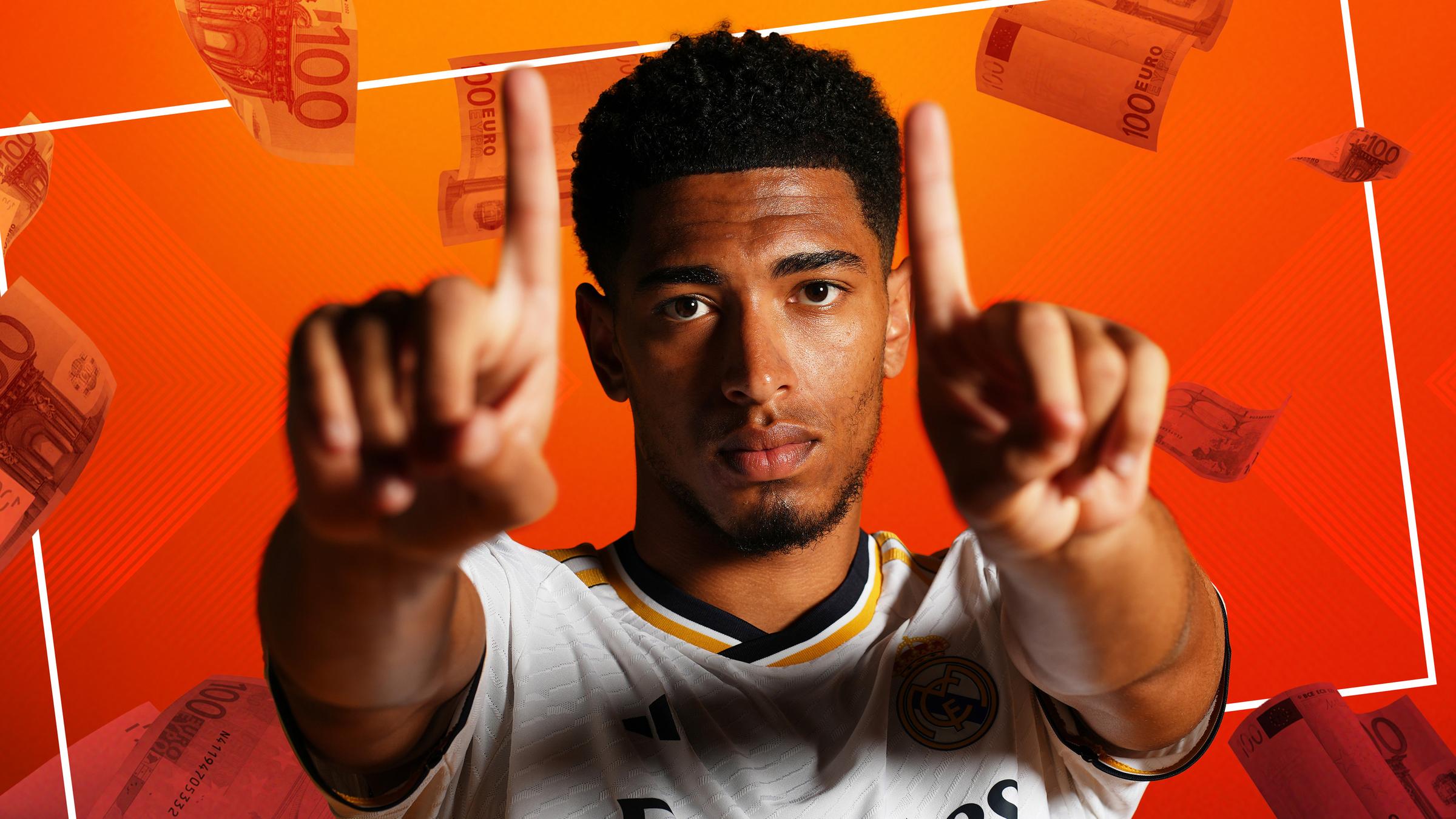 "sportstudio reportage": Montage: Jude Bellingham schaut in die Kamera, hat seine Arme mit erhobenen Zeigefingern nach vorne gestreckt. Er ist vor einem orangefarbenen Hintergrund abgebildet auf dem Hunderteuroscheine herunterflattern.
