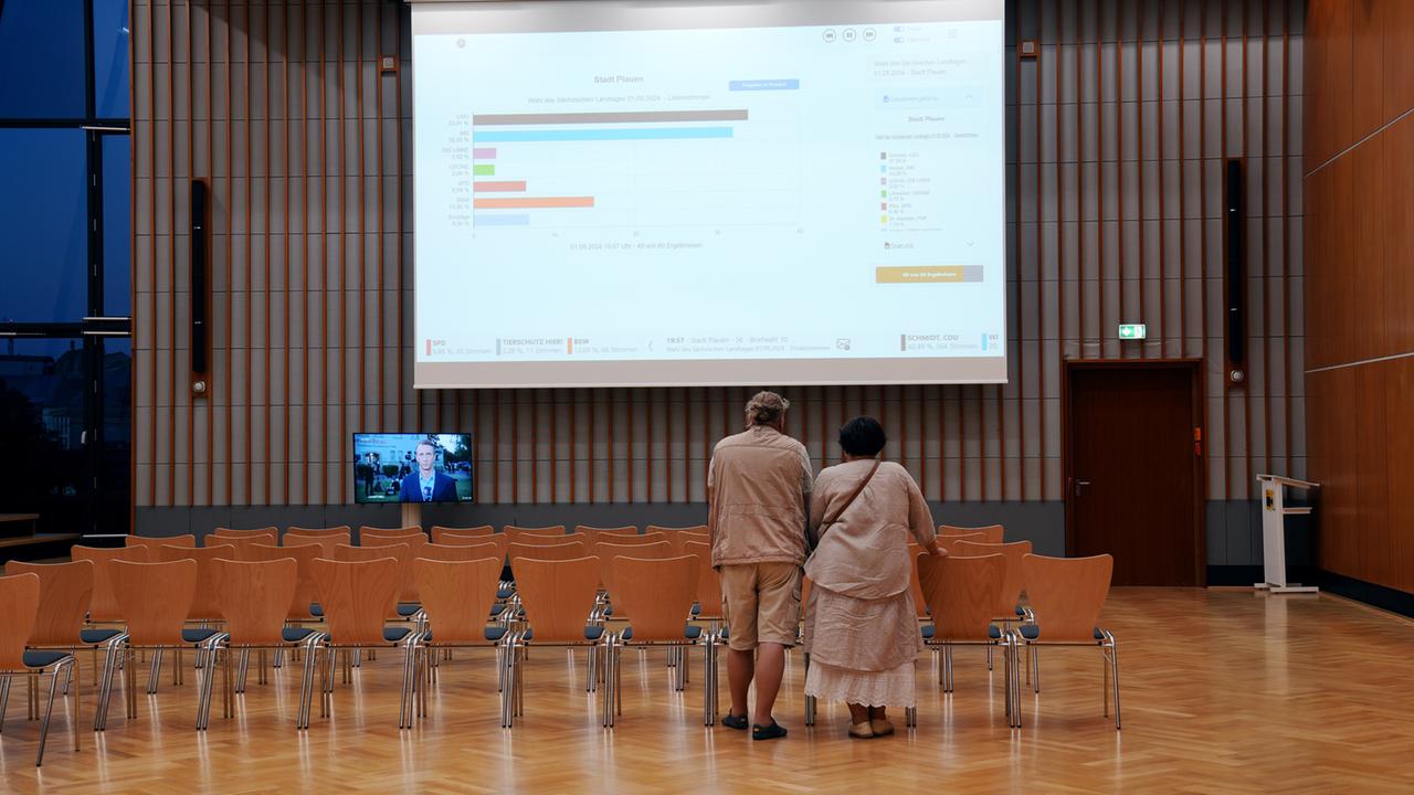  "37°: Drei Frauen gegen Rechtsextremismus": Doritta steht mit ihrem Mann in einem großen Sitzungssaal und schaut auf einen großen Bildschirm.