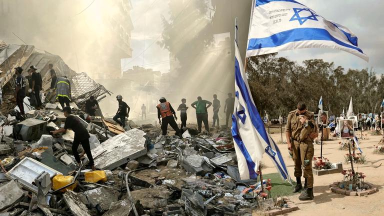 "Tatort Israel - Die Schatten des 7. Oktober": Fotomontage: Auf einer Seite ist das Bild einer Straßenschlucht einer zerstörten Stadt mit Menschen, die über Trümmer steigen. Auf der anderen Seite ist ein Bild mit einem Soldaten und einer Soldatin, die an einer Gedenkstätte mit Gräbern stehen. In der Mitte sind beide Bilder durch zwei Israel-Fahnen getrennt.