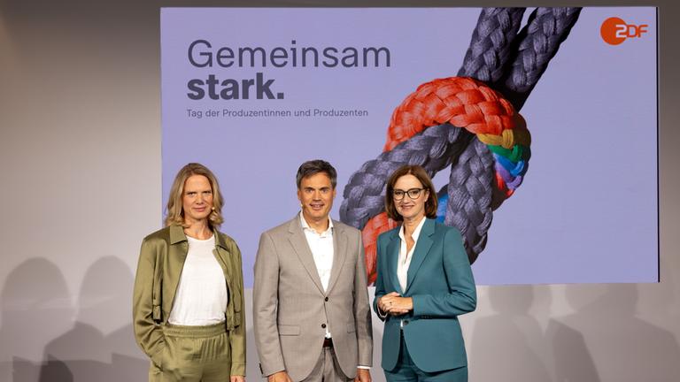 Tag der Produzentinnen und Produzenten, 12.09.2024, Berlin: V.l. Nadine Bilke, Norbert Himmler, Bettina Schausten.