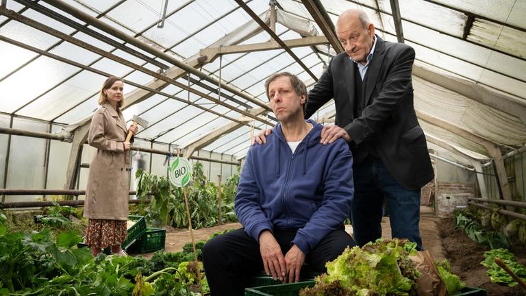 "Wilsberg - Achtsam bis tödlich": Ekki Talkötter (Oliver Korittke) sitzt in einem Gewächshaus, in welchem Gemüse angepflanzt wird, unmotiviert auf einer Kiste. Wilsberg (Leonard Lansink) steht hinter Ekki, legt ihm die Hände väterlich auf die Schultern und schaut ihn besorgt an. Im Hintergrund steht Silke Sestendrup (Nadja Becker) mit einer Axt in der Hand und lächelt.