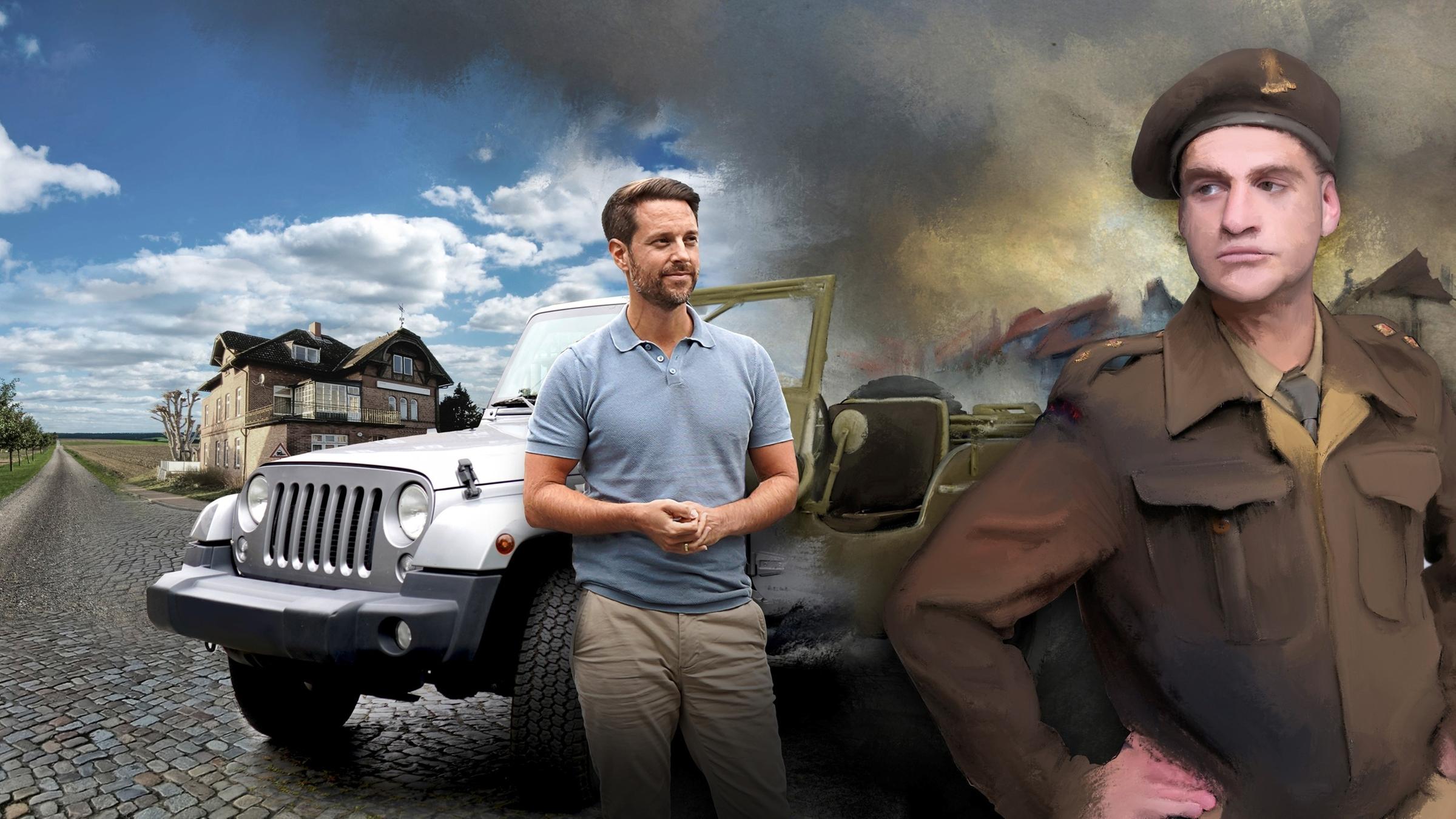 "Terra X History: Roadtrip 1945 - Kriegsende": Bild-Kollage: An einer Kopfsteinpflasterstraße mit einigen Bäumen steht ein Haus, davor ein Jeep und Mirko Drotschmann. Daneben steht als Graphic Novel ein britischer Soldat  vor teilweise zerstörten Häusern.