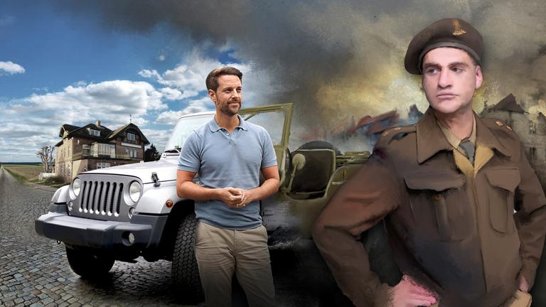 "Terra X History: Roadtrip 1945 - Kriegsende": Bild-Kollage: An einer Kopfsteinpflasterstraße mit einigen Bäumen steht ein Haus, davor ein Jeep und Mirko Drotschmann. Daneben steht als Graphic Novel ein britischer Soldat  vor teilweise zerstörten Häusern.