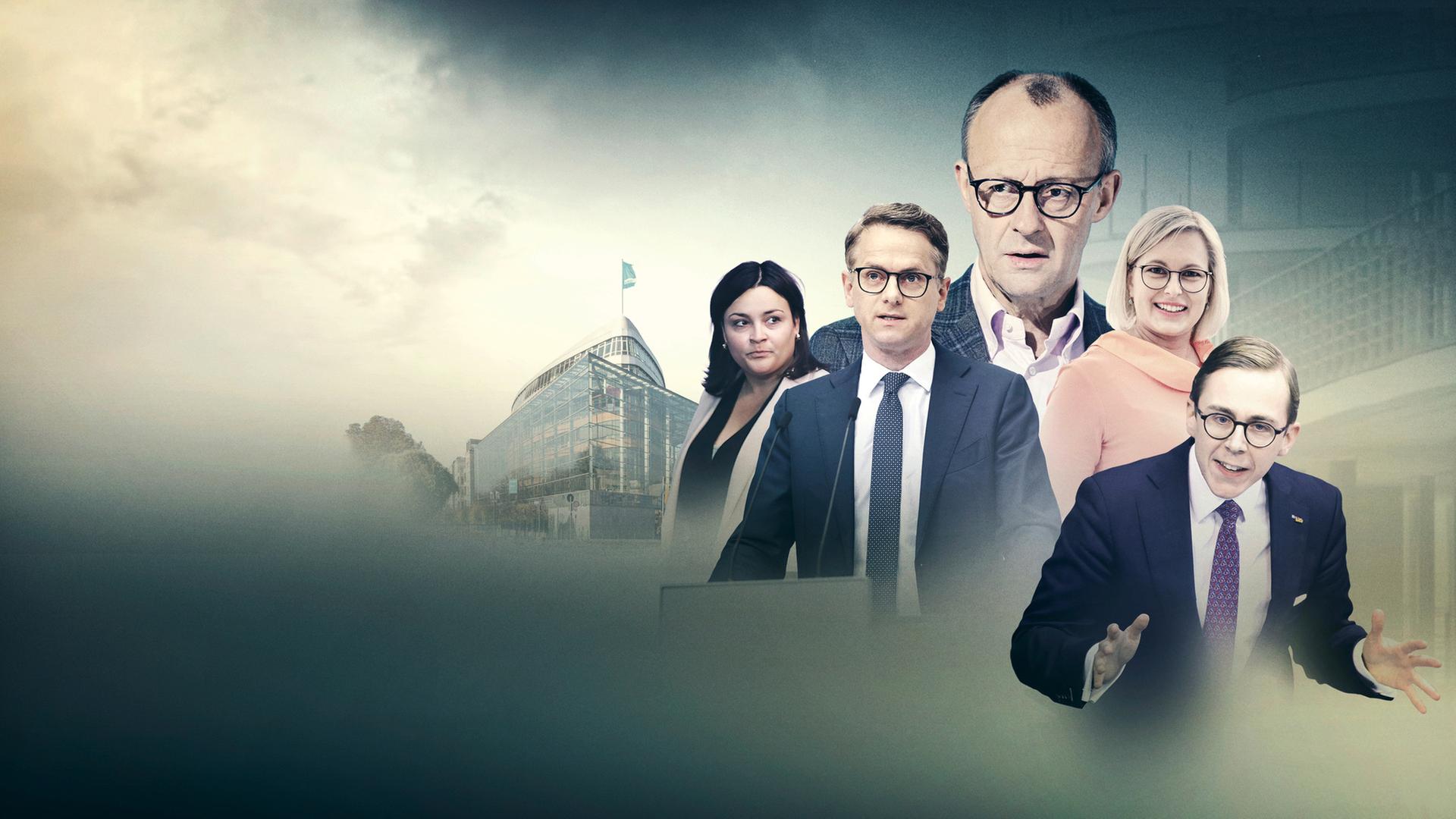  Im Vordergrund die CDU-Politikerinnen und -Politiker Catarina dos Santos-Wintz, Carsten Linnemann, Friedrich Merz, Christiane Schenderlein und Philipp Amthor, im Hintergrund die Parteizentrale der CDU, das Konrad-Adenauer-Haus.