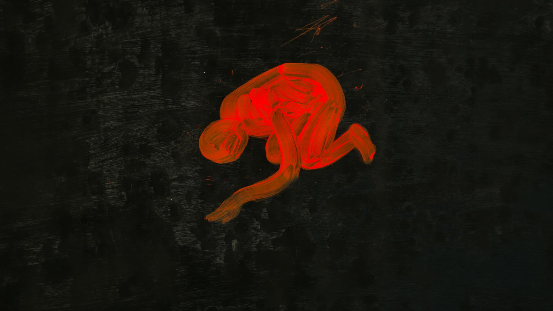 Grobe, rot leuchtende Zeichnung einer knieenden menschlichen Figur auf dunklem Hintergrund