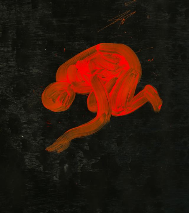 Grobe, rot leuchtende Zeichnung einer knieenden menschlichen Figur auf dunklem Hintergrund