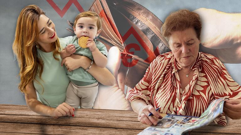 "ZDF.reportage: Frauen in der Armutsfalle - Viel Arbeit, wenig Lohn": Collage: Das Bild einer Frau mit einem Kind auf dem Arm liegt neben dem Bild einer älteren Fraudie in einem Lebensmittelprospekt blättert. Im Hintergrund ist ein leeres Portemonnaie und ein roter, gezackter, fallender Pfeil mit einem Eurozeichen sichtbar.
