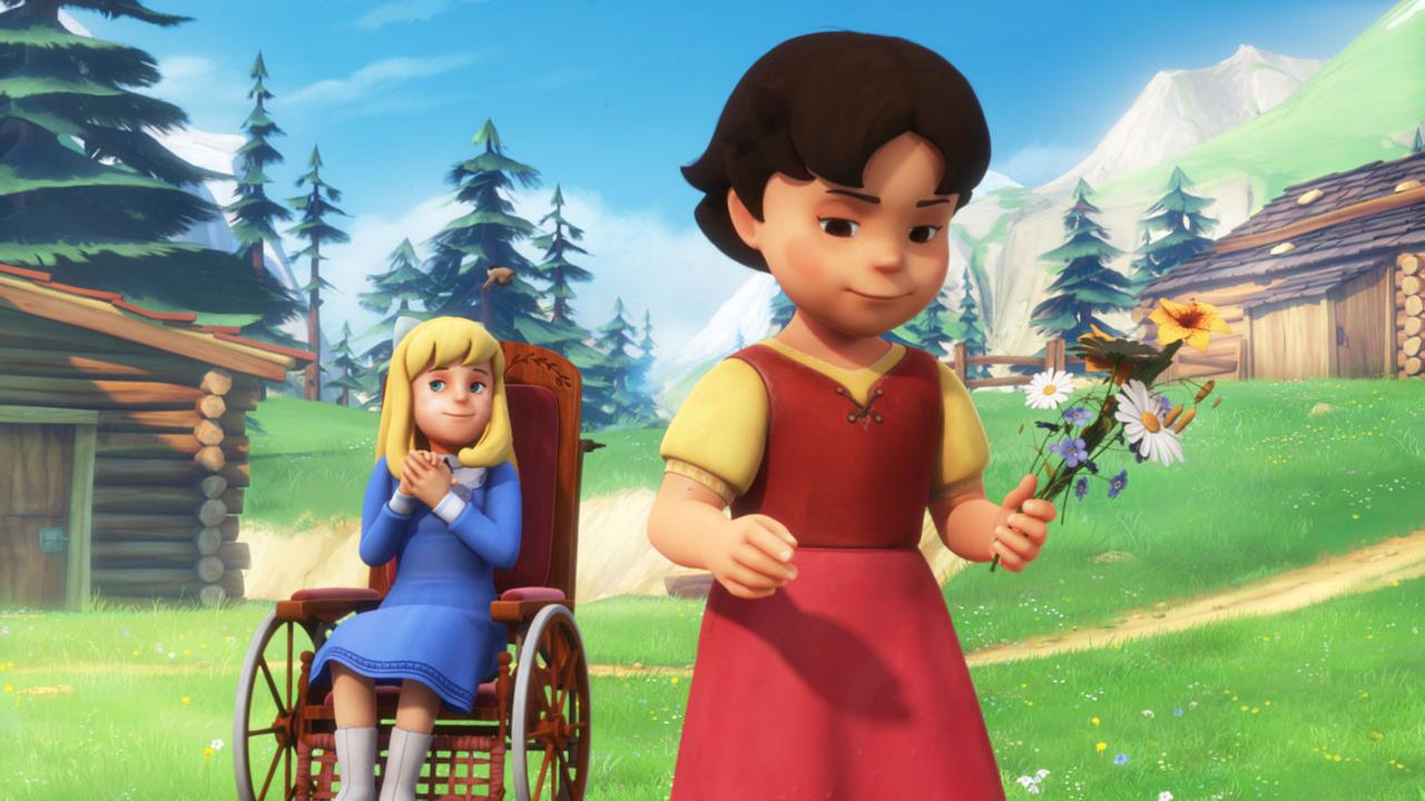 Clara auf der Alm im Rollstuhl, neben ihr Heidi mit einem Blumenstrauß in der Hand.