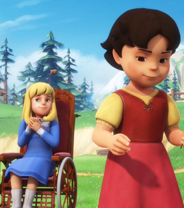 Clara auf der Alm im Rollstuhl, neben ihr Heidi mit einem Blumenstrauß in der Hand.