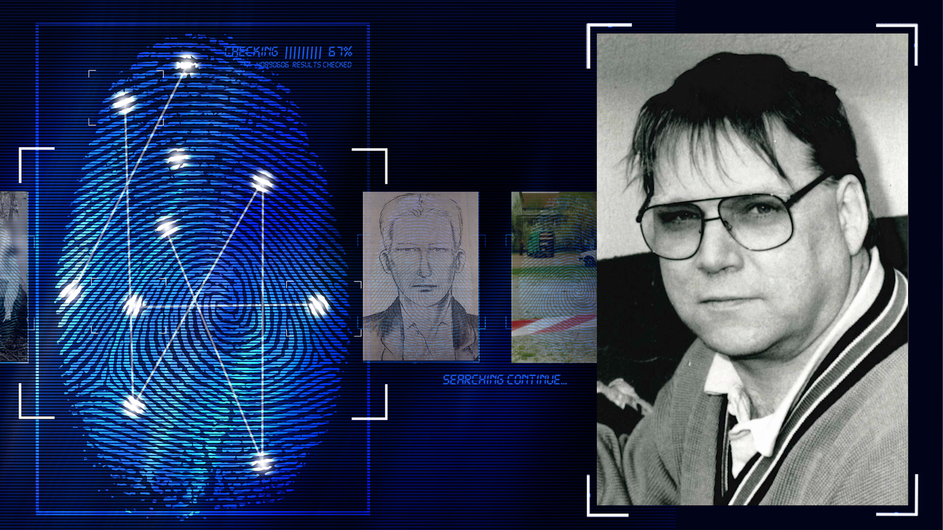 Schwarzweißfoto eines Manns mit dunklen Haaren und getönter Brille. Er ist ca. 35 Jahre alt. Links daneben: Lichtschematische Darstellung eines Fingerabdrucks.