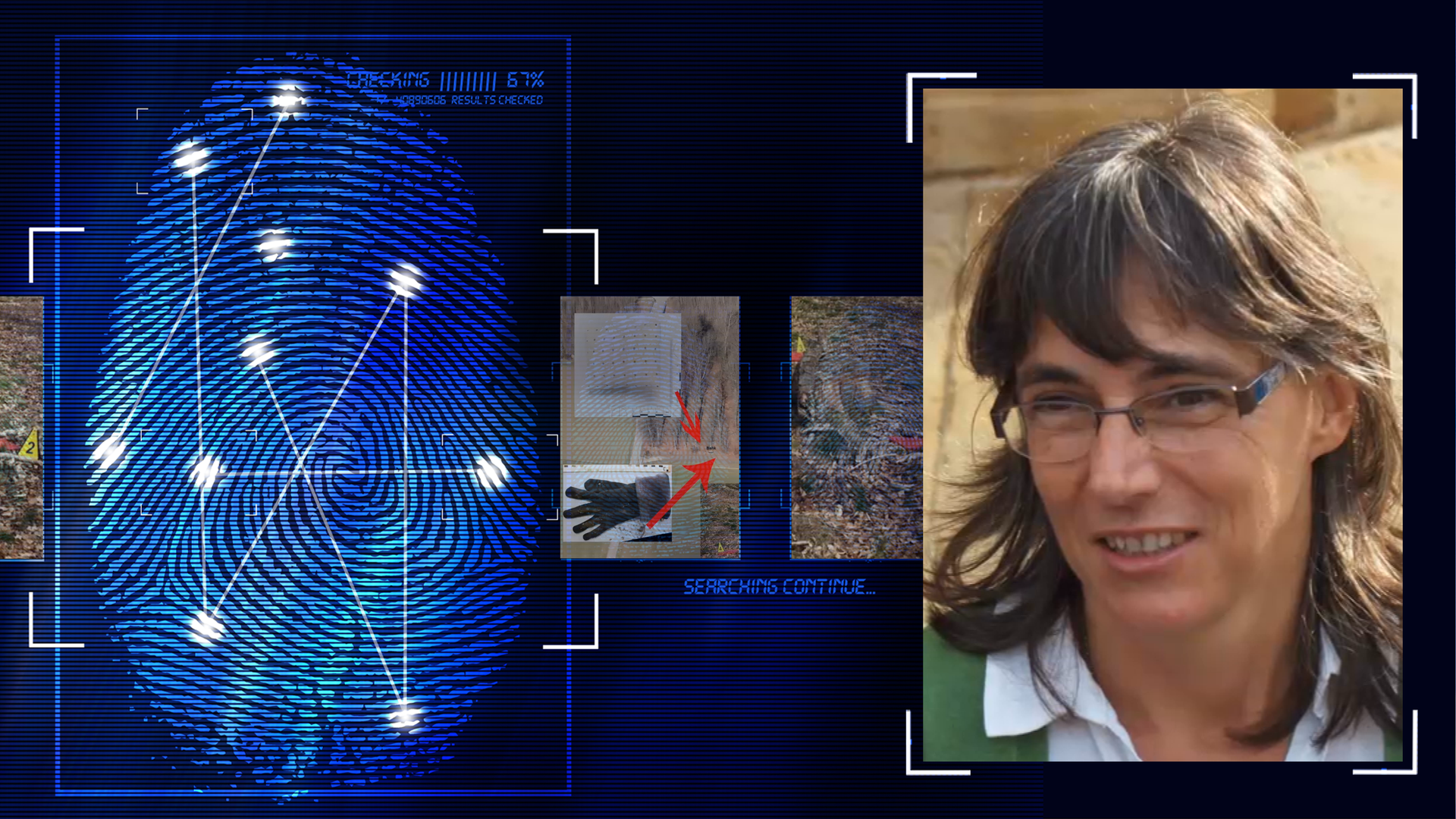 Portraitfoto einer Frau, ca. Mitte 40, mittellange braune Haare. Sie trägt eine Brille und lächelt Richtung Kamera. Sie trägt ein grünes über einem weißen Oberteil. Links daneben: Lichtschematische Darstellung eines Fingerabdrucks.