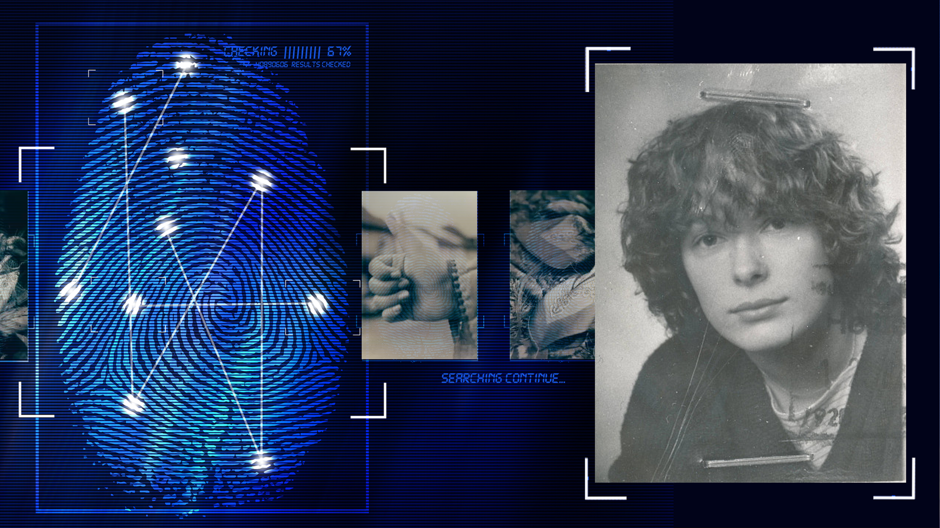 Schwarzweiß-Portrait-Foto einer jungen Frau mit gelockten dunkeln mittellangen Haaren. Ein Stempel (Ausweisbild). Die Frau schaut neutral Richtung Kamera und trägt ein helles Shirt und eine dunkle Jacke. Zwei Heftklammern, mit denen das Foto befestigt ist. Links daneben: Lichtschematische Darstellung eines Fingerabdrucks.
