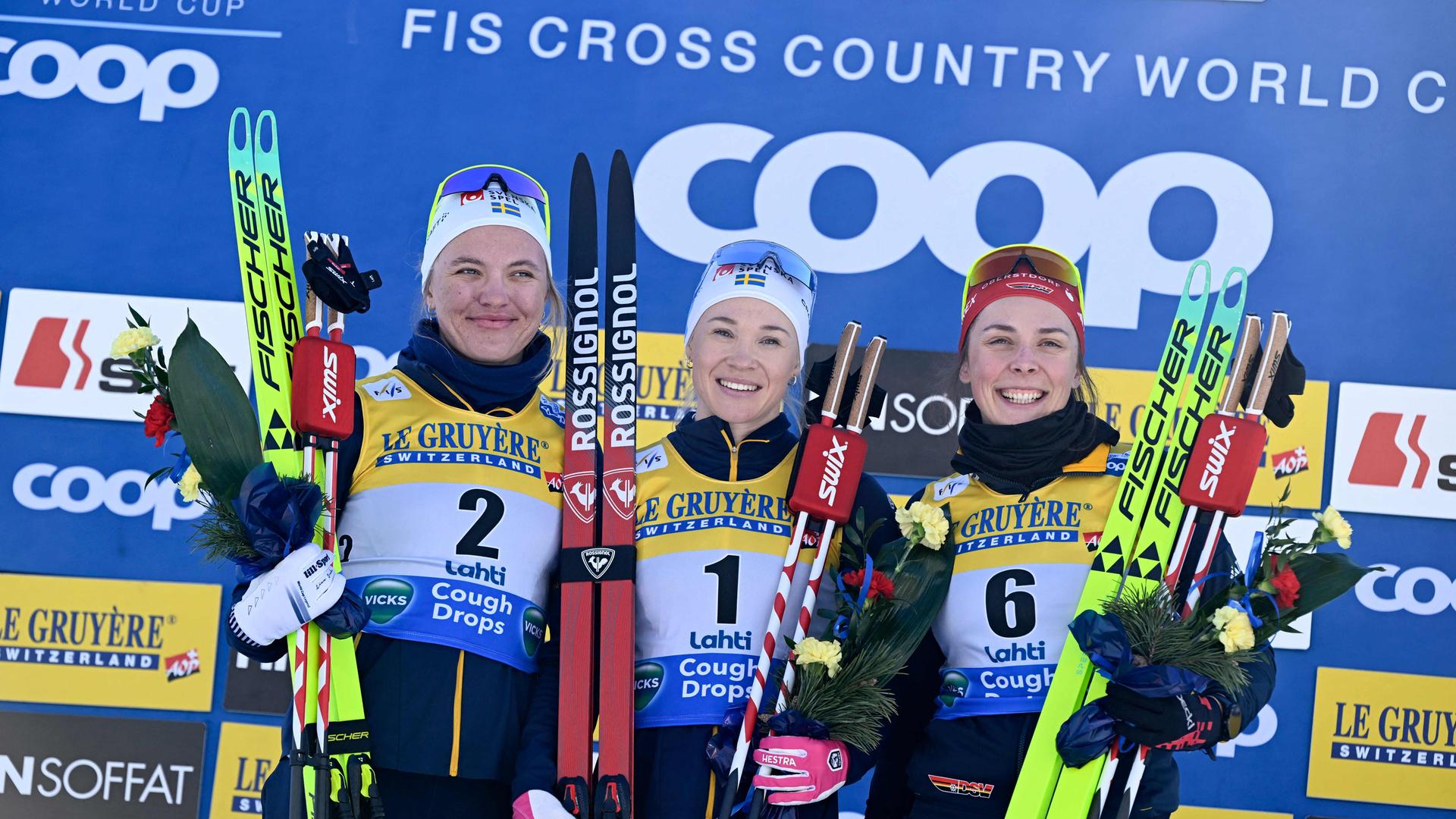 Podium Frauen-Sprint Freistil, FIS Nordic Weltcup Lahti – 1. Jonna Sundling (SWE), 2. Linn Svahn (SWE), 3. Coletta Rydzek (GER).
