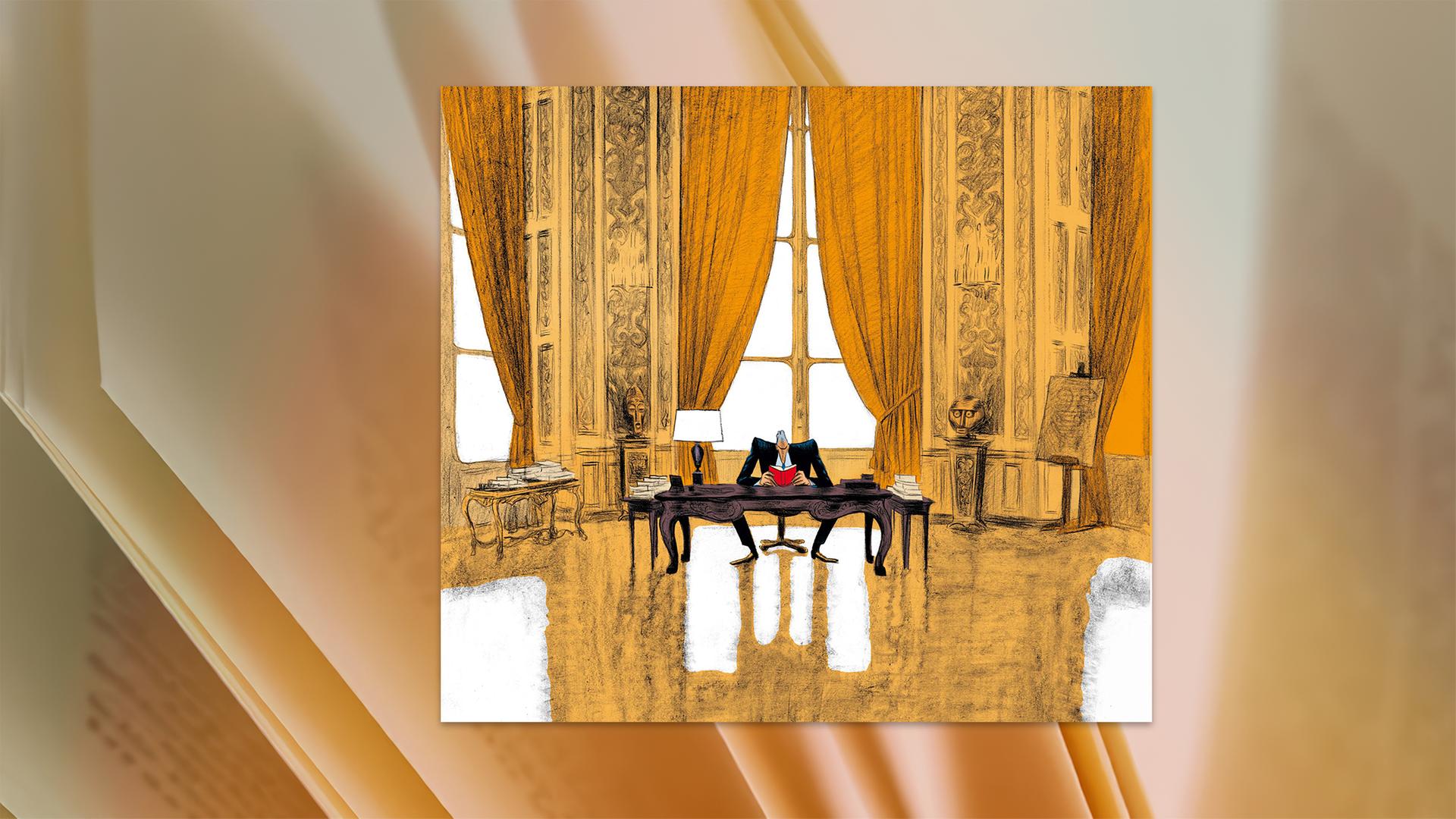 Eine Comiczeichnung von einem großen Saal mit hohen Fenstern. In der Mitte steht ein kleiner Schreibtisch, hinter dem ein großer Mann im Anzug sitzt, der ein kleines rotes Buch liest.