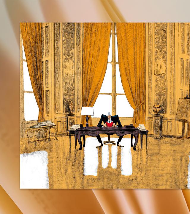 Eine Comiczeichnung von einem großen Saal mit hohen Fenstern. In der Mitte steht ein kleiner Schreibtisch, hinter dem ein großer Mann im Anzug sitzt, der ein kleines rotes Buch liest.