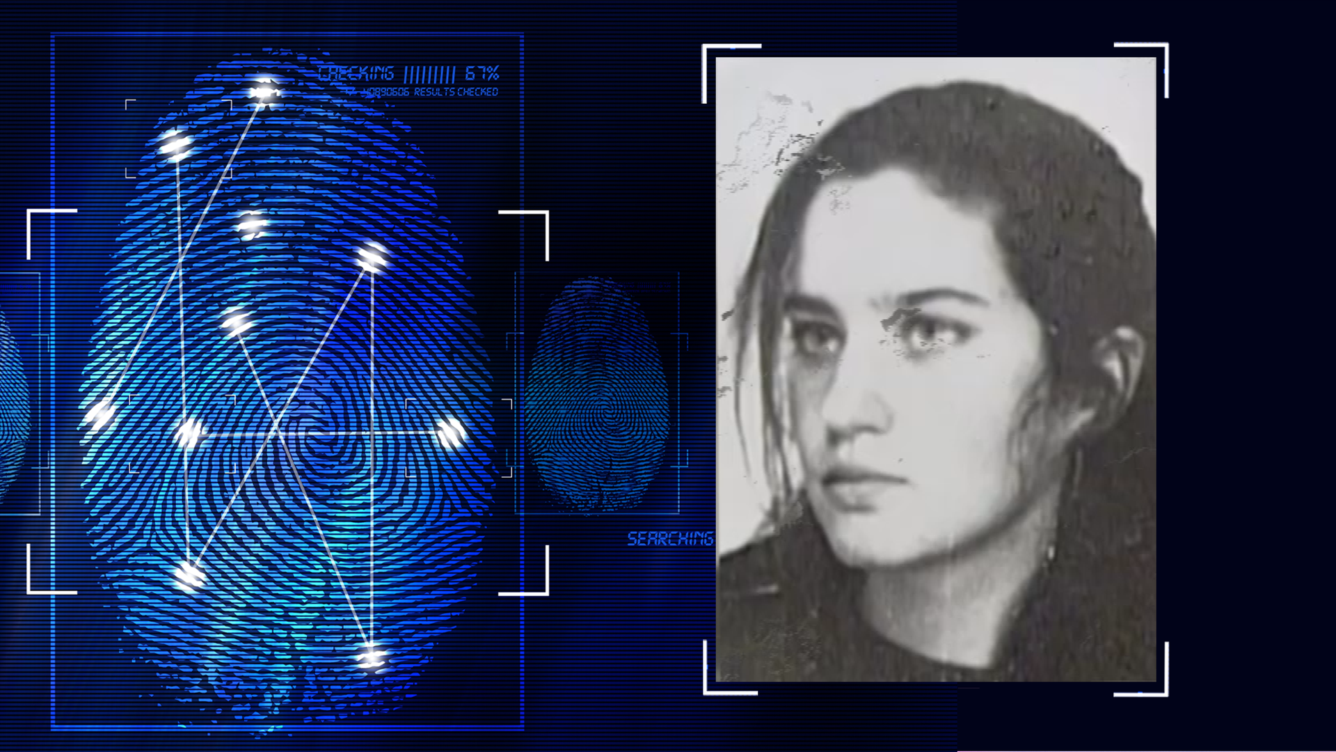 Eine schwarz-weiß Fotografie einer jungen Frau mit dunklen Haaren im Profil. Links daneben: Lichtschematische Darstellung eines Fingerabdrucks.