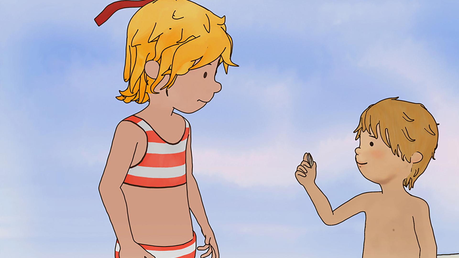 Conni und Jakob haben am Strand eine Muschel gefunden.