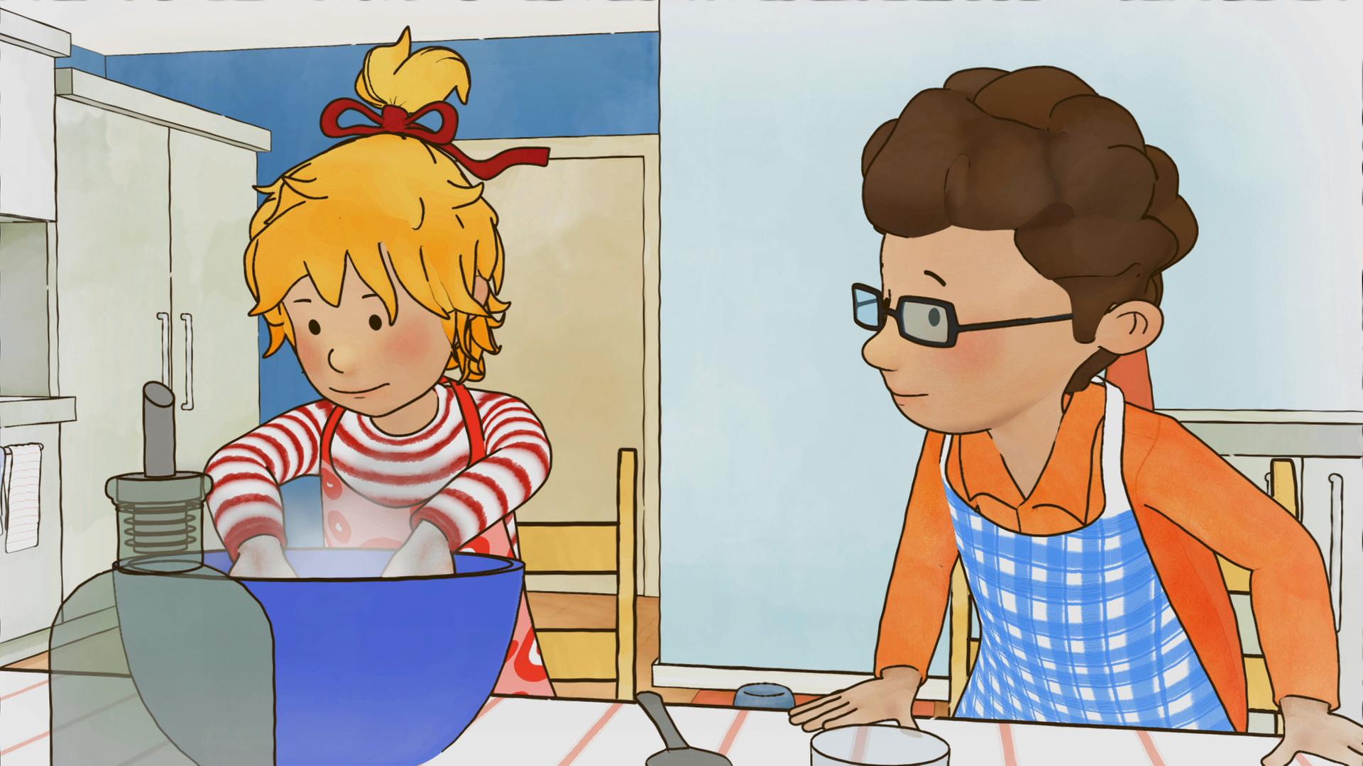 Conni backt mit Simon Pizza und mischt den Teig.