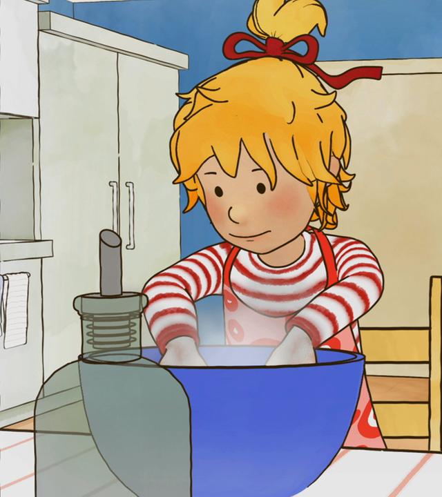 Conni backt mit Simon Pizza und mischt den Teig.