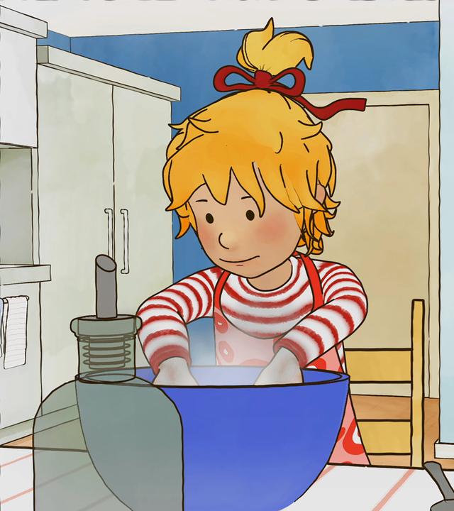 Conni backt mit Simon Pizza und mischt den Teig.