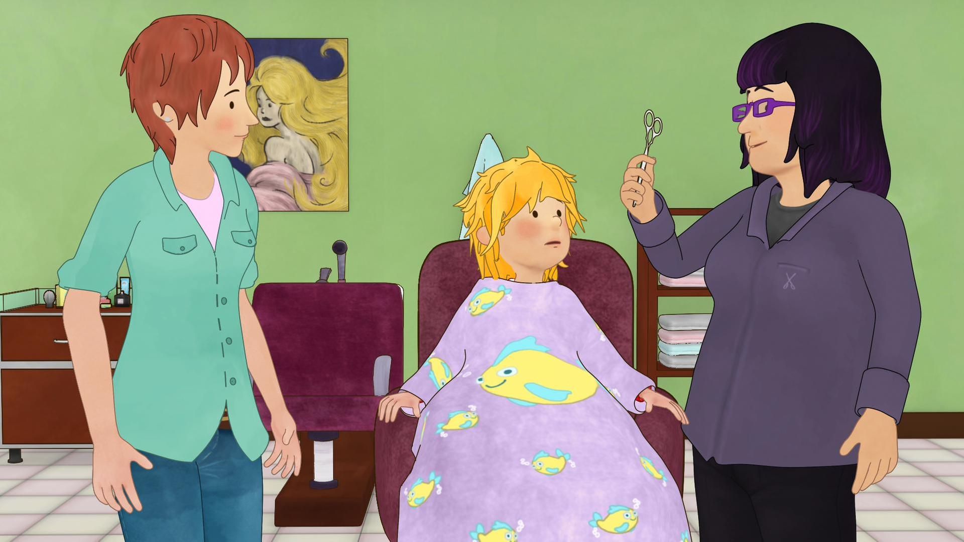 Conni sitzt auf dem Frisierstuhl beim Friseur und schaut zur Friseurin (rechts). Diese hält eine Schere hoch und erklärt Conni wie sie funktioniert. Connis Mutter steht daneben.