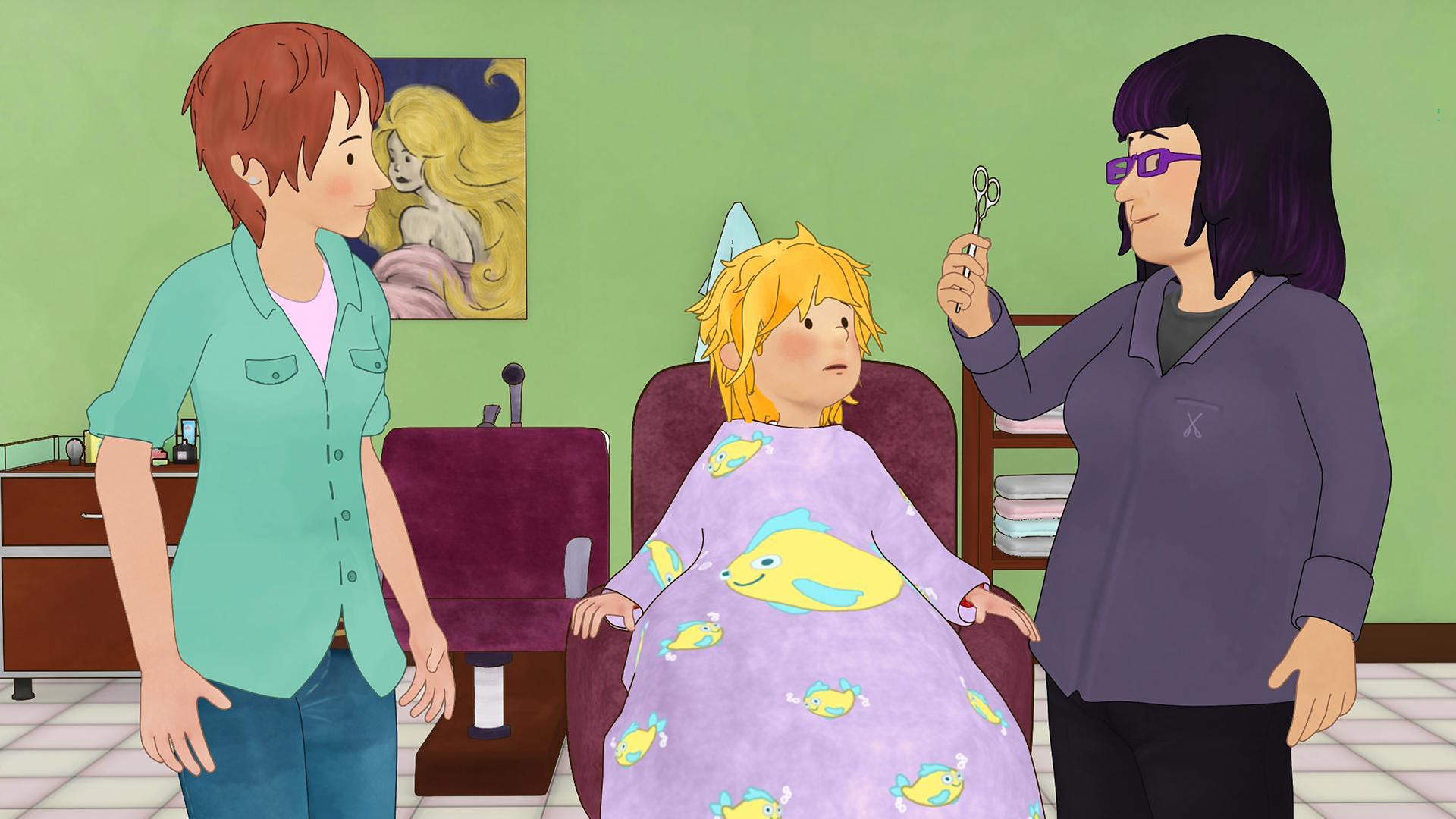 Conni sitzt auf dem Frisierstuhl beim Friseur und schaut zur Friseurin. Diese hält eine Schere hoch und erklärt Conni wie sie funktioniert. Connis Mutter steht daneben.