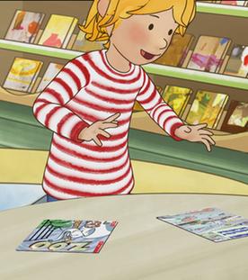 Conni schaut sich in der Bücherei begeistert Zeitschriften und Bücher an.