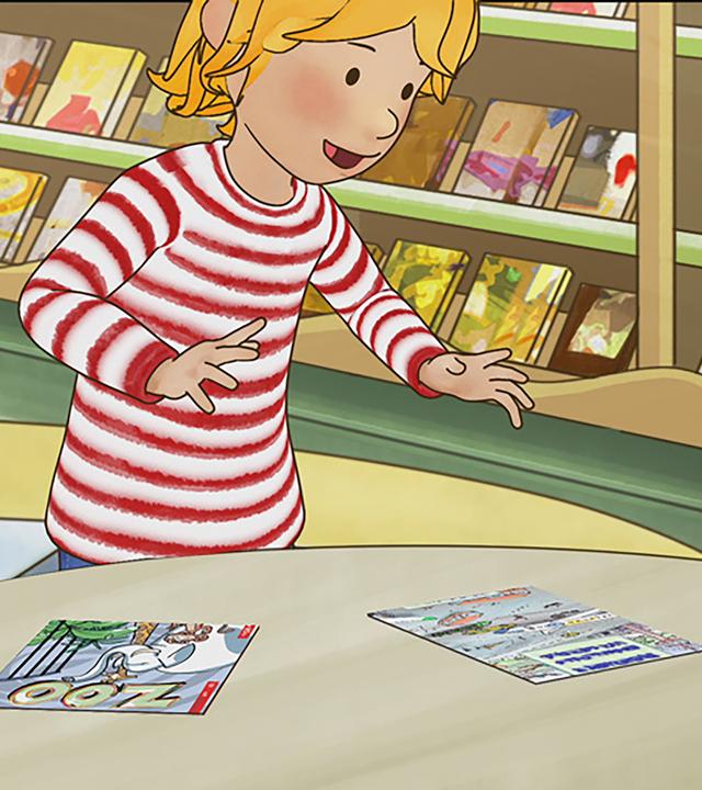 Conni schaut sich in der Bücherei begeistert Zeitschriften und Bücher an.