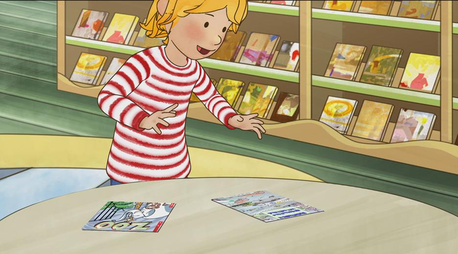 Conni schaut sich in der Bücherei begeistert Zeitschriften und Bücher an.