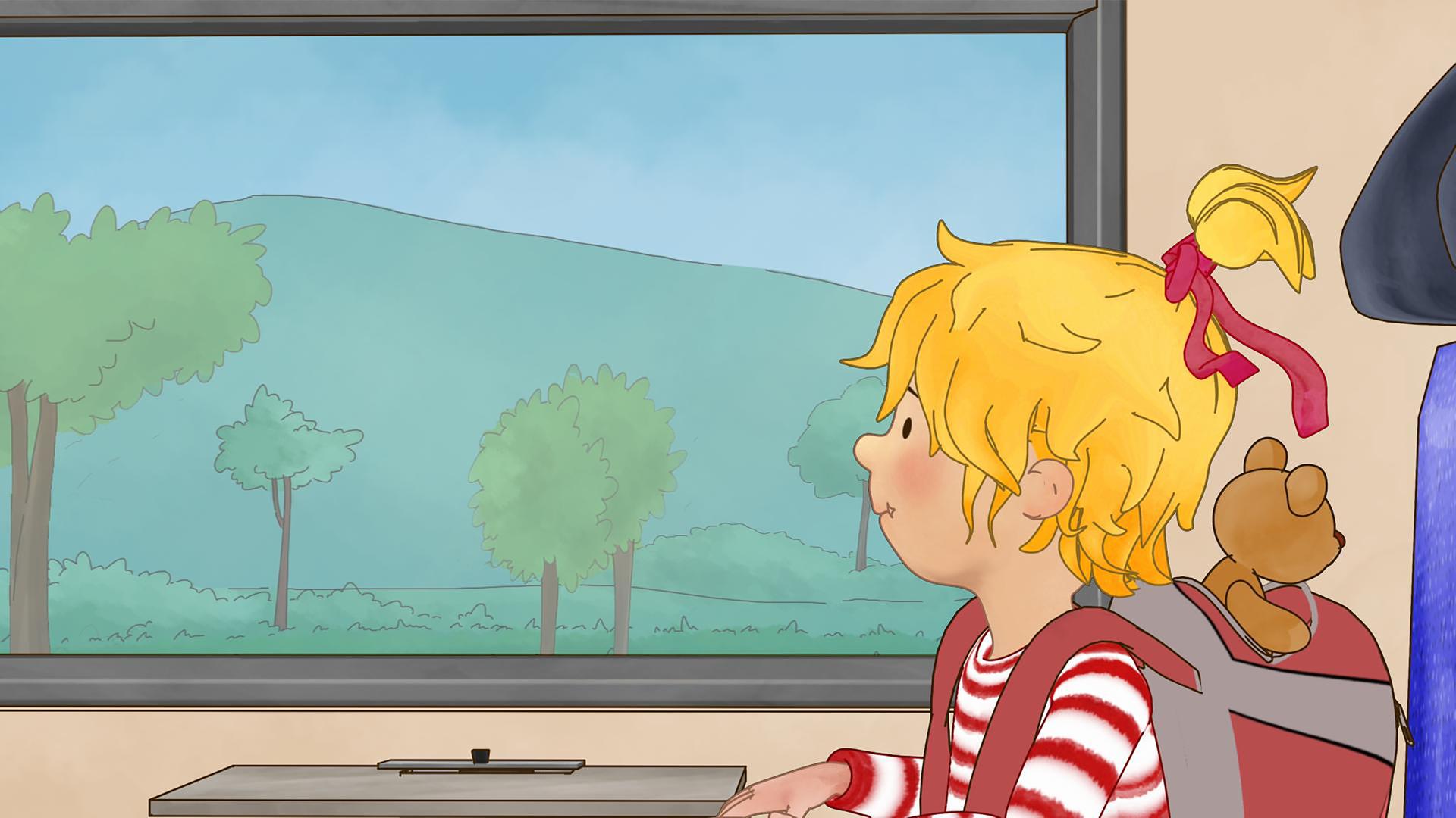 Conni sitzt im Zug und schaut aus dem Fenster. Auf dem Rücken trägt sie ihr Kuscheltier in ihrem Rucksack.