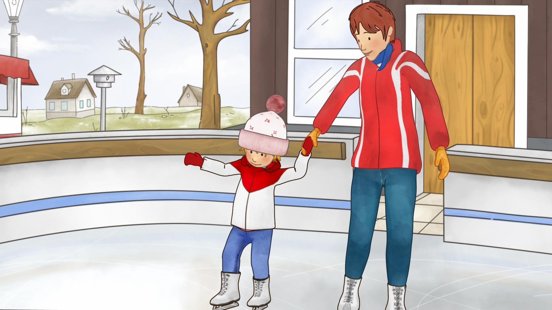 Conni lernt Schlittschuhfahren mit ihrer Mama. Beide halten sich an ihren Händen und stehen mit Schlittschuhen auf der Eisbahn.