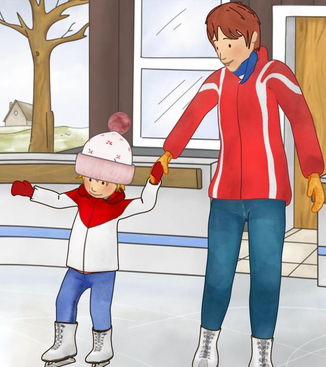 Conni lernt Schlittschuhfahren mit ihrer Mama. Beide halten sich an ihren Händen und stehen mit Schlittschuhen auf der Eisbahn.